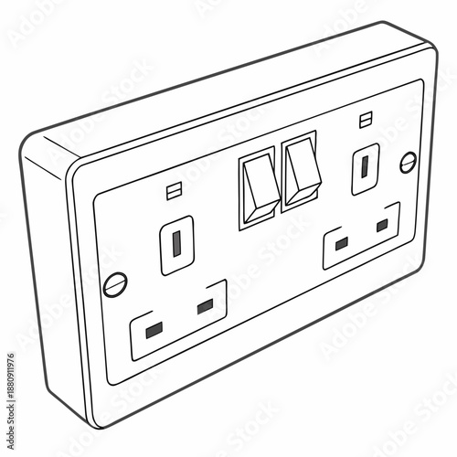 Double uk electrical wall socket with two switches, line art illustration