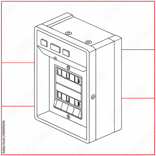 Electrical consumer unit fuse box distribution board circuit breaker enclosure line drawing