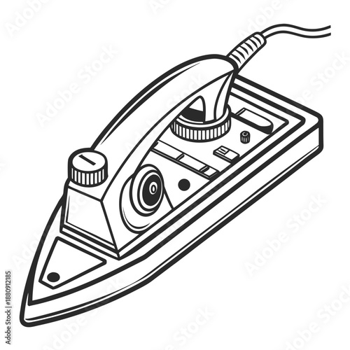 Black and white line art illustration of a vintage electric steam iron with cord, viewed from a high angle