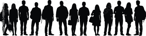Silhouettes of diverse people standing in a line with various accessories