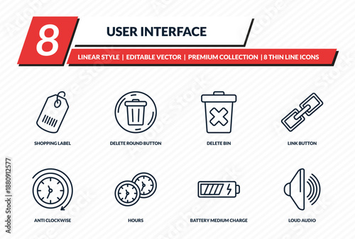 user interface icons set - shopping label, delete round button, delete bin, link button, loud audio outline vector collection.