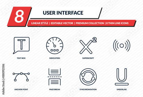 user interface icons set - text box, indicators, superscript, , underline outline vector collection.