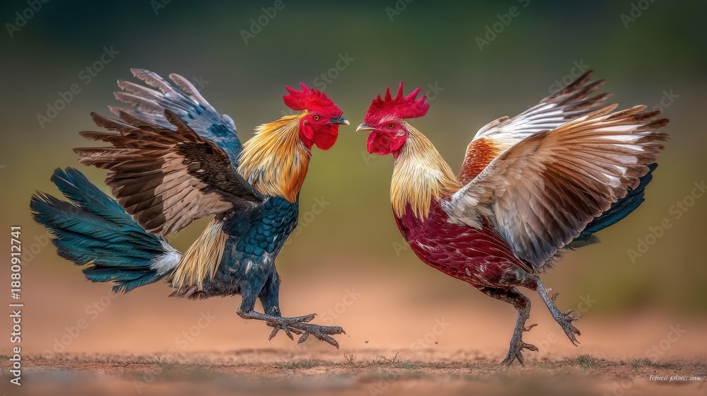 Fototapeta premium Two Colorful Roosters Engaged in Intense Combat Displaying Vibrant Feathers in a Natural Setting