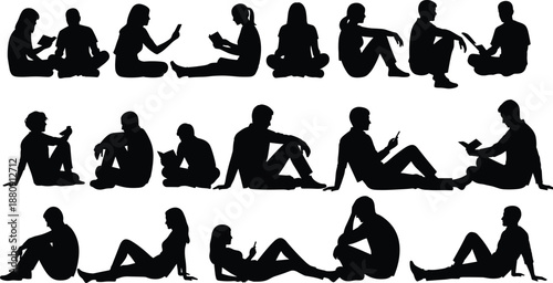 Silhouettes of people sitting and reading or using smartphones in various relaxed poses