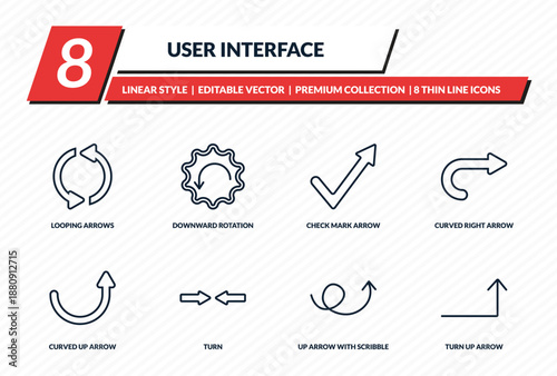 user interface icons set - looping arrows, downward rotation, check mark arrow, curved right arrow, turn up arrow outline vector collection.