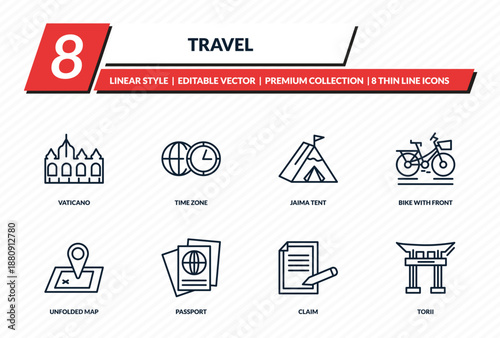 travel icons set - vaticano, time zone, jaima tent, bike with front basket, torii outline vector collection.