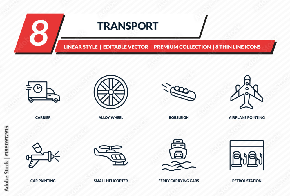 Naklejka premium transport icons set - carrier, alloy wheel, bobsleigh, airplane pointing up, petrol station outline vector collection.