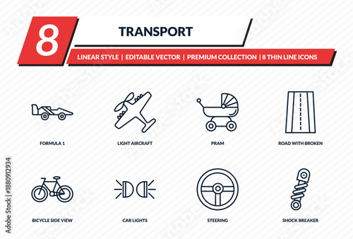 transport icons set - formula 1, light aircraft, pram, road with broken lines, shock breaker outline vector collection.