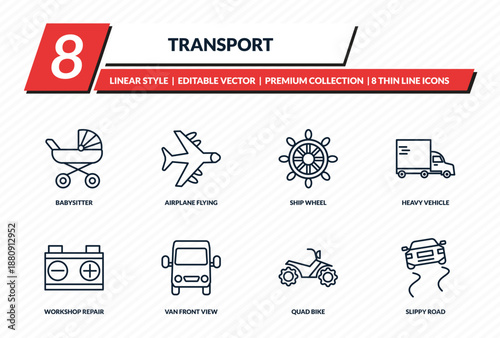 transport icons set - babysitter, airplane flying, ship wheel, heavy vehicle, slippy road outline vector collection.