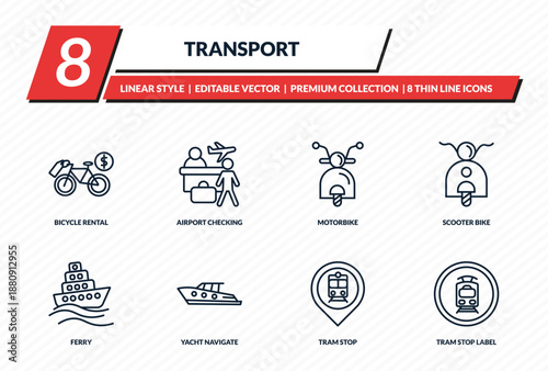 transport icons set - bicycle rental, airport checking, motorbike, scooter bike, tram stop label outline vector collection.