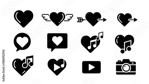 Collection of heart icons with various symbols isolated on white background, Vector
