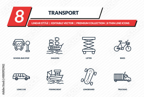 transport icons set - school bus stop, galleon, lifter, bikes, trucking outline vector collection.