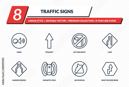 traffic signs icons set - horn, straight, no turn right, lane, right reverse bend outline vector collection.