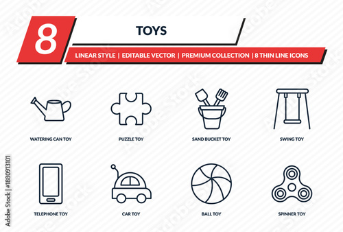 toys icons set - watering can toy, puzzle toy, sand bucket toy, swing spinner outline vector collection.