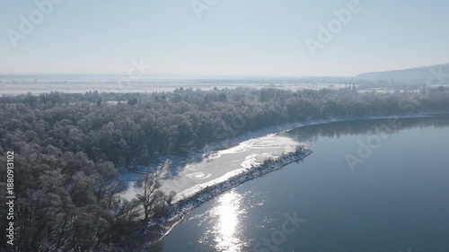 River Danube aerial view in winter. Dunabogdany, Hungary. 2026.