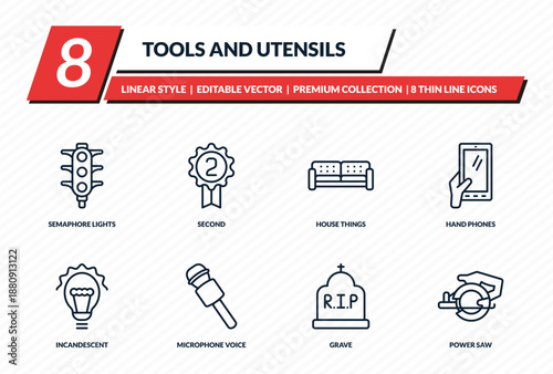tools and utensils icons set - semaphore lights, second, house things, hand phones, power saw outline vector collection.