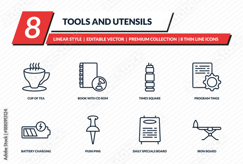 tools and utensils icons set - cup of tea, book with cd rom, times square, program tings, iron board outline vector collection.