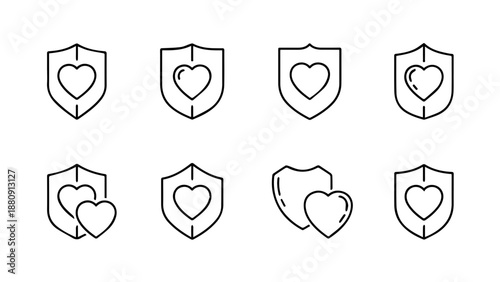 Collection of heart-shaped shields isolated on white background, Vector