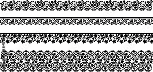 Set of seamless black lace borders with floral ornaments for wedding invitations and lingerie fabric design