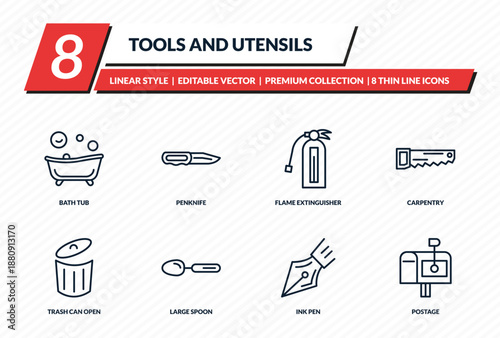 tools and utensils icons set - bath tub, penknife, flame extinguisher, carpentry, postage outline vector collection.