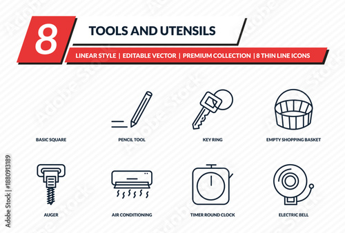 tools and utensils icons set - basic square, pencil tool, key ring, empty shopping basket, electric bell outline vector collection.
