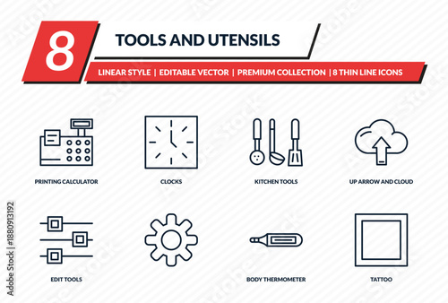 tools and utensils icons set - printing calculator, clocks, kitchen tools, up arrow and cloud, tattoo outline vector collection.