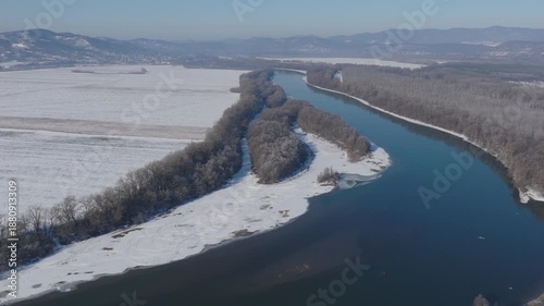 River Danube aerial view in winter. Dunabogdany, Hungary. 2026.