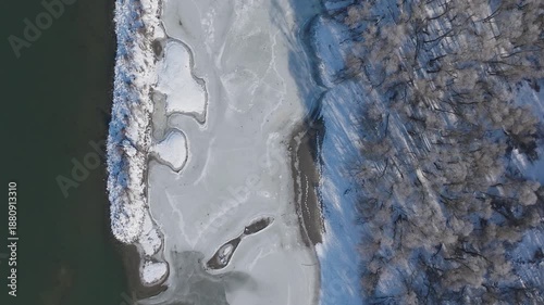 River Danube aerial view in winter. Dunabogdany, Hungary. 2026.