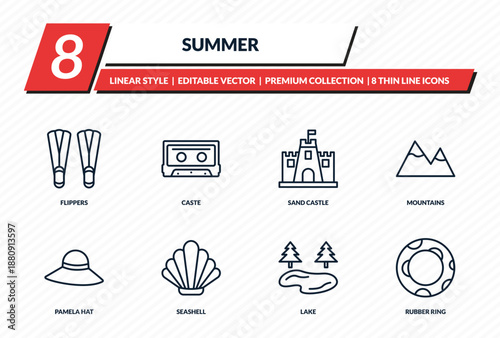 summer icons set - flippers, caste, sand castle, mountains, rubber ring outline vector collection.