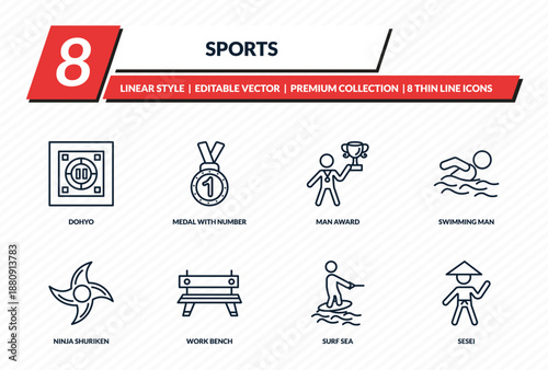 sports icons set - dohyo, medal with number 1, man award, swimming man, sesei outline vector collection.