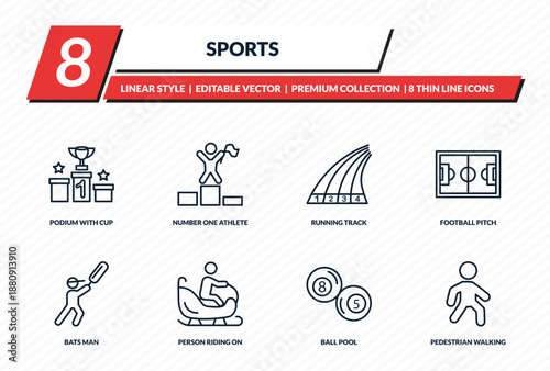 sports icons set - podium with cup, number one athlete, running track, football pitch, pedestrian walking outline vector collection.