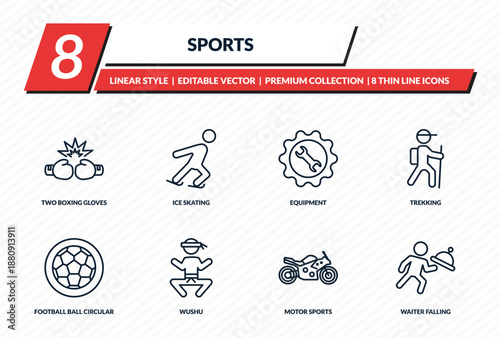 sports icons set - two boxing gloves, ice skating, equipment, trekking, waiter falling outline vector collection.