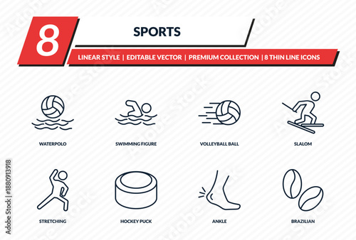 sports icons set - waterpolo, swimming figure, volleyball ball, slalom, brazilian outline vector collection.