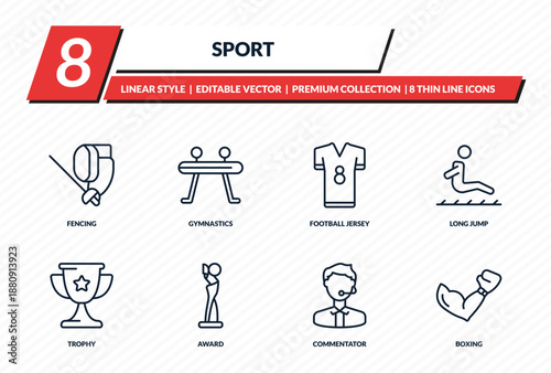 sport icons set - fencing, gymnastics, football jersey, long jump, boxing outline vector collection.