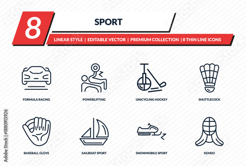 sport icons set - formula racing, powerlifting, unicycling hockey, shuttlecock, kendo outline vector collection.