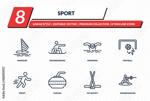 sport icons set - windsurf, snowboarding, swimming, football, wakeboarding outline vector collection.