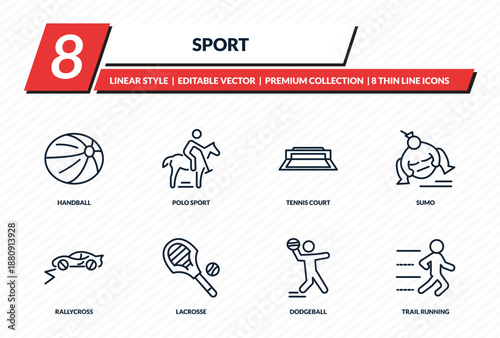 sport icons set - handball, polo sport, tennis court, sumo, trail running outline vector collection.