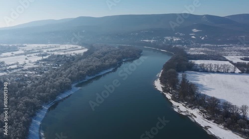 River Danube aerial view in winter. Dunabogdany, Hungary. 2026.
