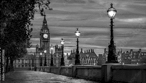 Dithered City Street at Night with Lampposts and Silhouetted Buildings