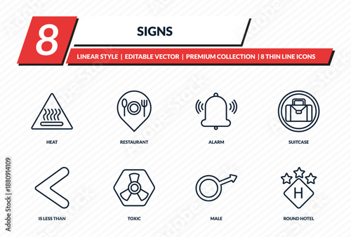 signs icons set - heat, restaurant, alarm, suitcase, round hotel outline vector collection.