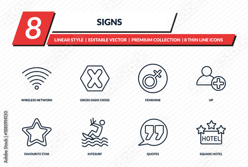 signs icons set - wireless network, gross dark cross, femenine, up, square hotel outline vector collection.