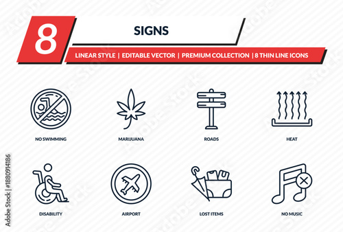 signs icons set - no swimming, marijuana, roads, heat, no music outline vector collection.