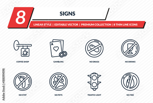 signs icons set - coffee shop, gambling, no drugs, no drinks, no fire outline vector collection.
