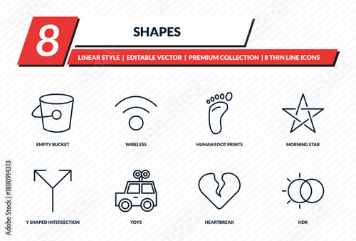 shapes icons set - empty bucket, wireless, human foot prints, morning star, hdr outline vector collection.