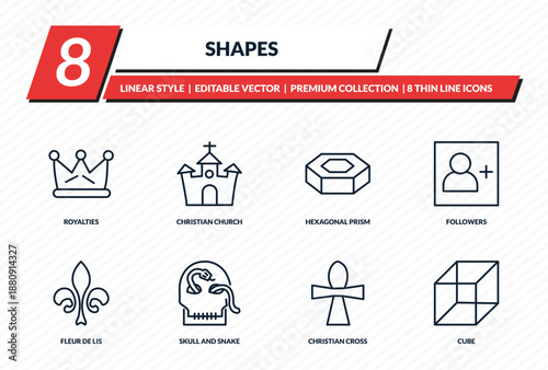 shapes icons set - royalties, christian church, hexagonal prism, followers, cube outline vector collection.