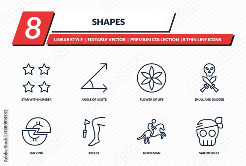 shapes icons set - star with number four, angle of acute, flower of life, skull and dagger, sailor skull outline vector collection.