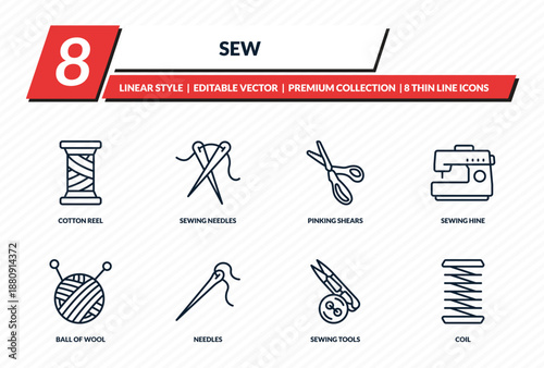 sew icons set - cotton reel, sewing needles, pinking shears, sewing hine, coil outline vector collection.
