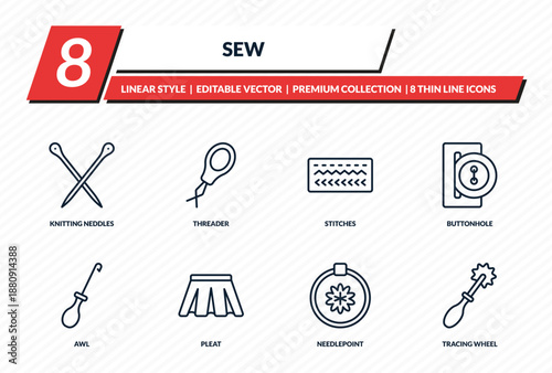 sew icons set - knitting neddles, threader, stitches, buttonhole, tracing wheel outline vector collection.