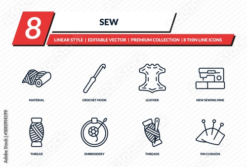sew icons set - material, crochet hook, leather, new sewing hine, pin cushion outline vector collection.