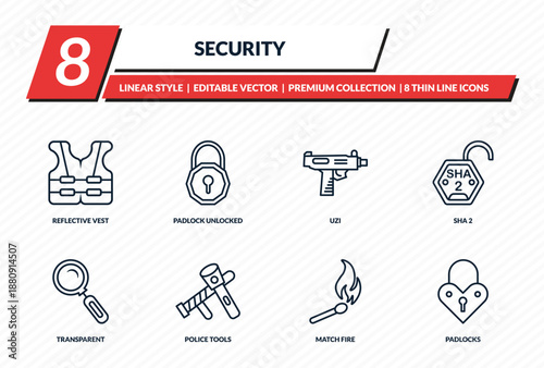 security icons set - reflective vest, padlock unlocked, uzi, sha 2, padlocks outline vector collection.